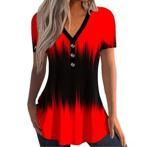 Vibrant Color Block Button Front Top - Stylish V Neck, Short Sleeve, Casual